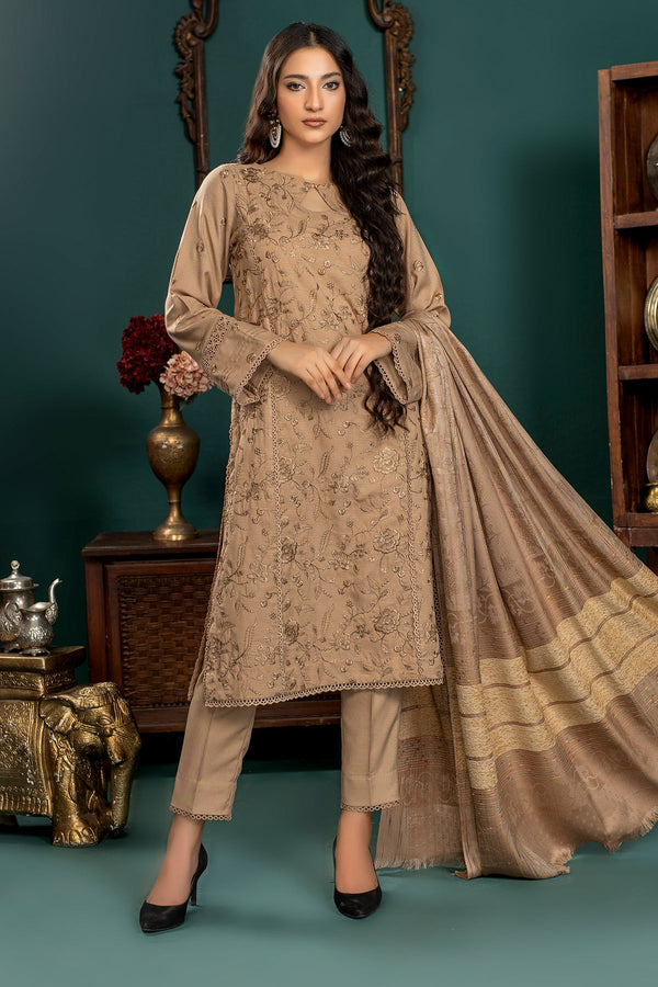 Qaus - Luxury Winter embroidered Slub dhanak with wool shawl